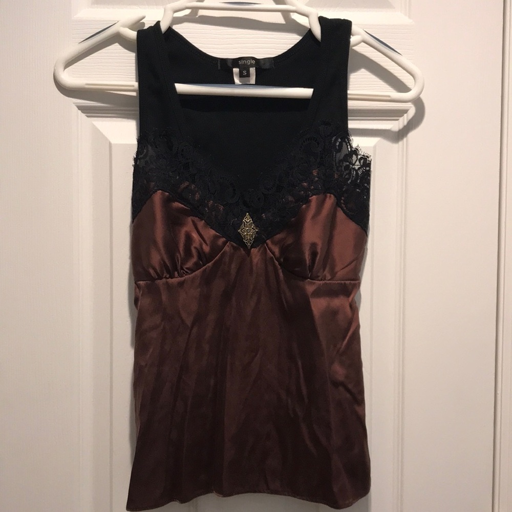 Brown silky tank top with black lace detail.